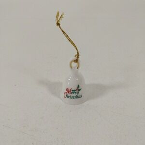 Merry Christmas Bell Tree Ornament White Porcelain 1.5"